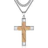 Corato Wooden Cross Necklace for Men, Real Olive Wood Inset In 316L Stainless Steel Christian Wood Crucifix Pendant, Includes 2 Cuban Chains