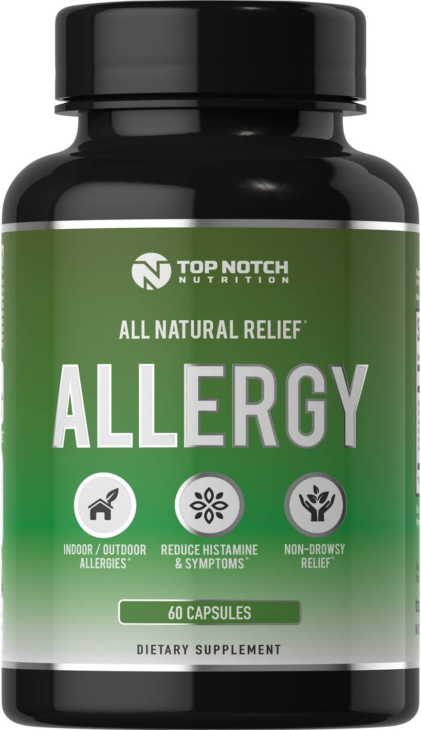 Top Notch Nutrition Natural Allergy Relief Pills Outdoor Indoor Pet Allergies Food Sensitivities Healthy Histamine Levels Antioxidants Moringa Stinging Nettle Quercetin Vitamin C Bromelain and NAC