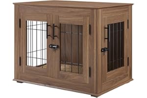 beeNbkks Furniture Style Dog Crate End Table, Double Doors Wooden Wire Dog Kennel with Pet Bed, Decorative Pet Crate Dog House Indoor Medium Large