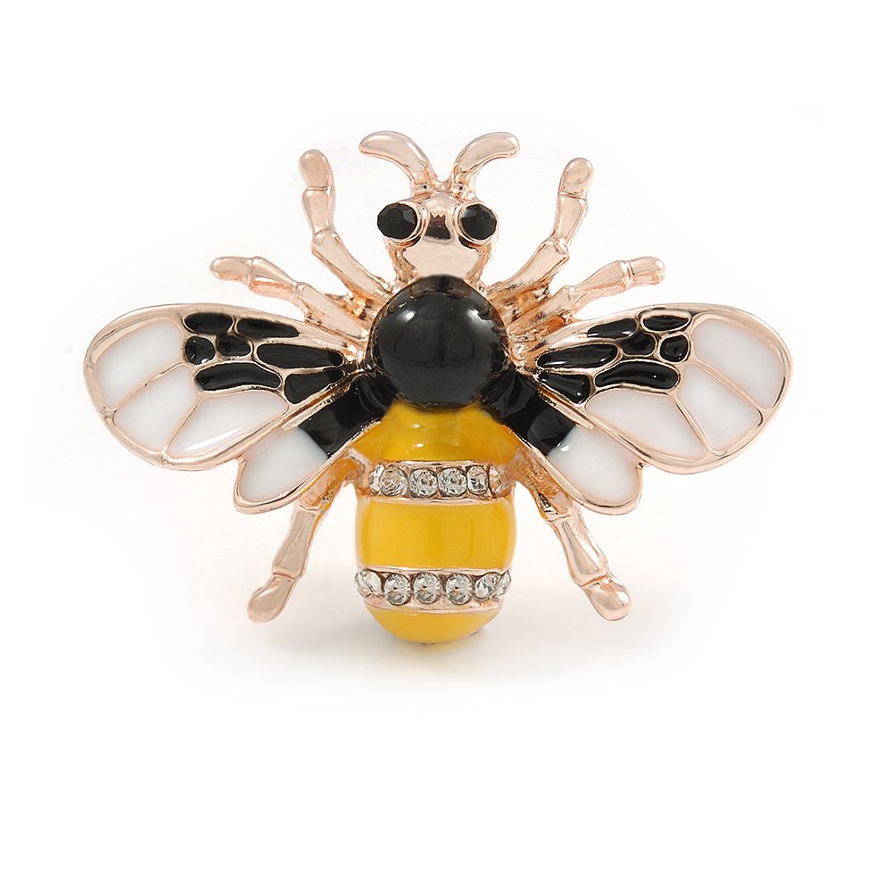 Small Yellow/Black/White Enamel Crysal Bee Brooch In Rose Gold Tone - 35mm W