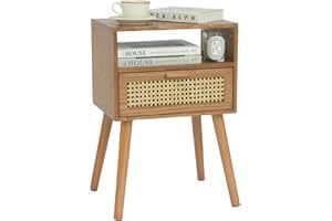 MaxSmeo Mid Century Modern Nightstand with Drawer, Small Nightstand Bedside Table, Brown Rattan Nightstand, Wood End Table for Bedroom, Living Room (Brown)