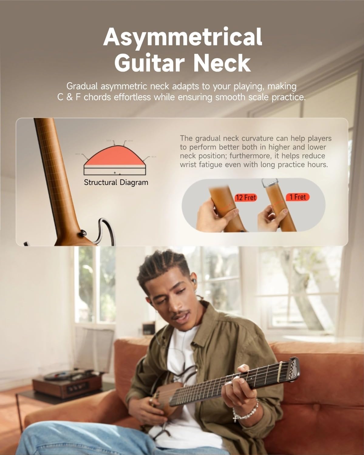 Donner HUSH I Guitar For Travel - Portable Ultra-Light and Quiet Performance Headless Acoustic-Electric Guitar, Maple Body with Removable Frames, Gig Bag, and Accessories