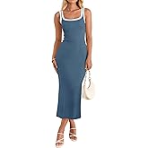 ZESICA Women's 2026 Summer Bodycon Midi Dress Casual Sleeveless Square Neck Side Slit Knit Beach Vacation Long Dresses