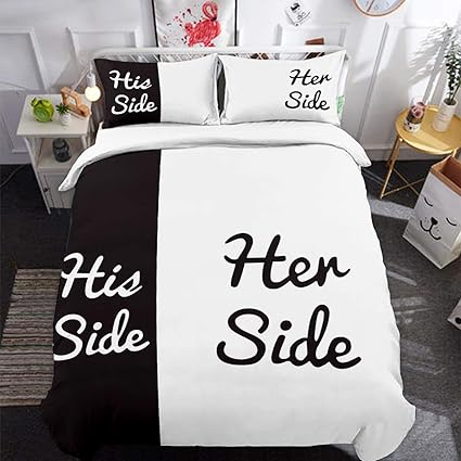 Black And White Duvet Cover Set His Side And Her Side Printed Bedding Duvet Cover With Zipper Closure 2 Pillow Shams Lightweight Microfiber 90 X 90