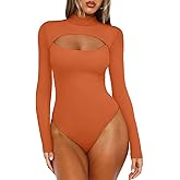 REORIA Women's Mock Neck Cutout Front Bodysuit Trendy Going Out Long Sleeve Body Suits Tops Fall Outfits 2025