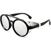 FEISEDY Retro Round Steampunk Sunglasses Women Men Vintage Eyewear Light Plastic Frame with Leatherwear B2532