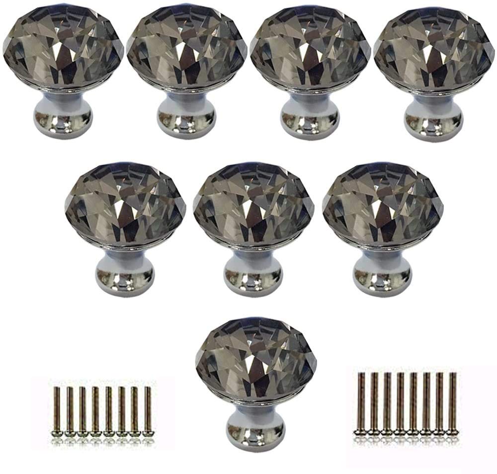 Tencro Glass Crystal Cabinet Knobs, 8Pcs 30mm Diamond Shaped Door Handle Glass Knobs for Drawer, Wardrobe, Cupboard, Kitchen, Home Decorating, Etc - Grey