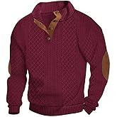 Lexiart Mens Casual Knitted Pullover Sweater Long Sleeve Stand Collar Vintage Button Sweaters with Elbow Patches