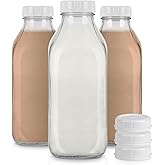 Stock Your Home Liter Glass Milk Bottle with Lid (3 Pack) 32 Oz Jugs and 6 White Caps, Reusable Food Grade Milk Container for Refrigerator, Bottles for Juice, Oat or Plant Milks, Water, Honey