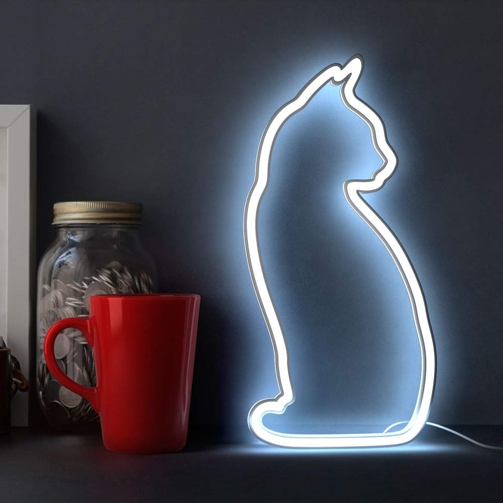 Mustard Cat Neon Sign Light | Battery & USB Powered LED Wall Light for Living Room Bedroom Decor | Bedside & Table Lamp Lighting | Cat Lover Gifts (Upright)