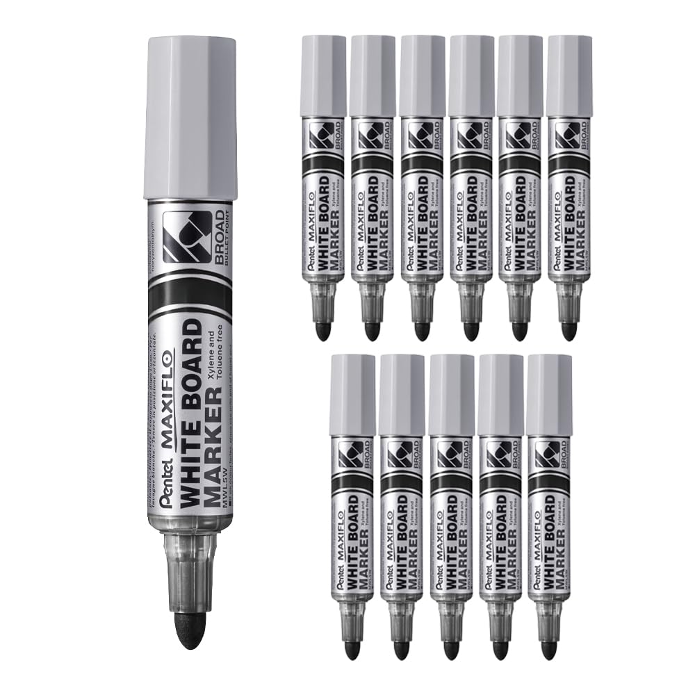 Pentel Maxiflo MWL5W-AX, Ultra-Wide Conical Tip Whiteboard Marker Pens, Black, Pack of 12