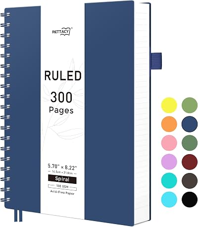 Rettacy A5 Notebook 150 Sheets 100gsm College Ruled Spiral Notebook Navy Blue