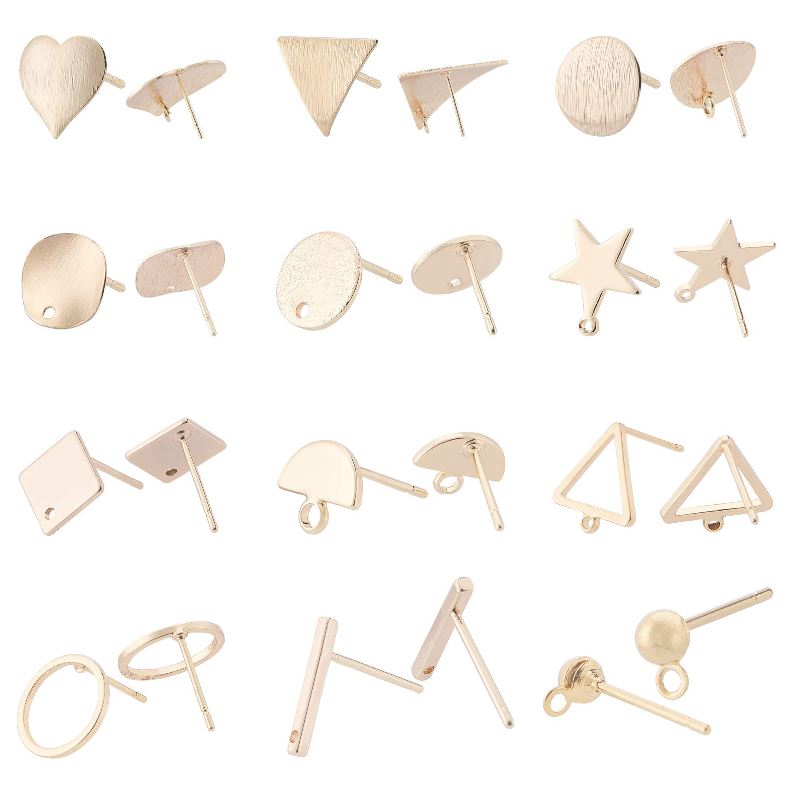 BENECREAT 24PCS 18K Gold Plated Earring Studs 12 Mixed Shape Brass Post Stud with Hoop for DIY Earring Making Supplies