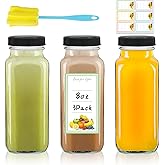 Dayify 3 Pack 8oz Glass Juice Bottles with Lids, 250ml Reusable Glass Juicing Bottles, Square Drinking Jars Drink Containers with Caps for Water, Milk, Ginger, Kombucha, Beverages