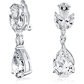 Vintage Style Simulated Gemstone Cubic Zirconia AAA CZ Statement Dangle Leaf Teardrop Formal Chandelier Clip On Earrings Wedding Prom Silver Plated