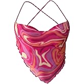 Floerns Women's Marble Print Halter Crop Top Tie Backless Asymmetrical Lettuce Hem Party Tops