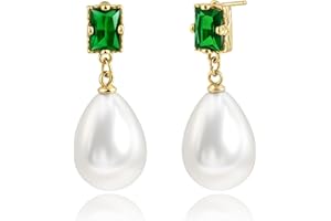 Desnuage Emerald and Teardrop Pearl Dangle Earrings Dainty Green Earrings for Women Vintage Style Gifts for Mom Girlfriend