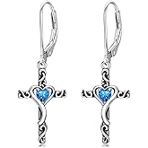 TOUPOP Birthstone Cross Earrings 925 Sterling Silver Heart Cross Dangle Drop Earrings Fine Jewelry Birthday Christmas Gifts for Women Her Girlfriend