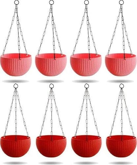 HOMIFY Woven Design Hanging Euro Basket Planters Indoor Outdoor Hanging Flower Plant Pot with Hanging Chain ( 4pcs red & 4pcs Pink Pack of 8) Plant Container Plant Container Set (Pack of 8, Plastic)