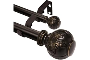 YCOLNAEFLLR Heavy Duty Adjustable Double Curtain Rod for Windows 28 to 48 Inches – 1 Inch Diameter Decorative Rods with Maple leaf Finials & Sturdy Brackets for Living Room, Bedroom – Easy to Install, Bronze
