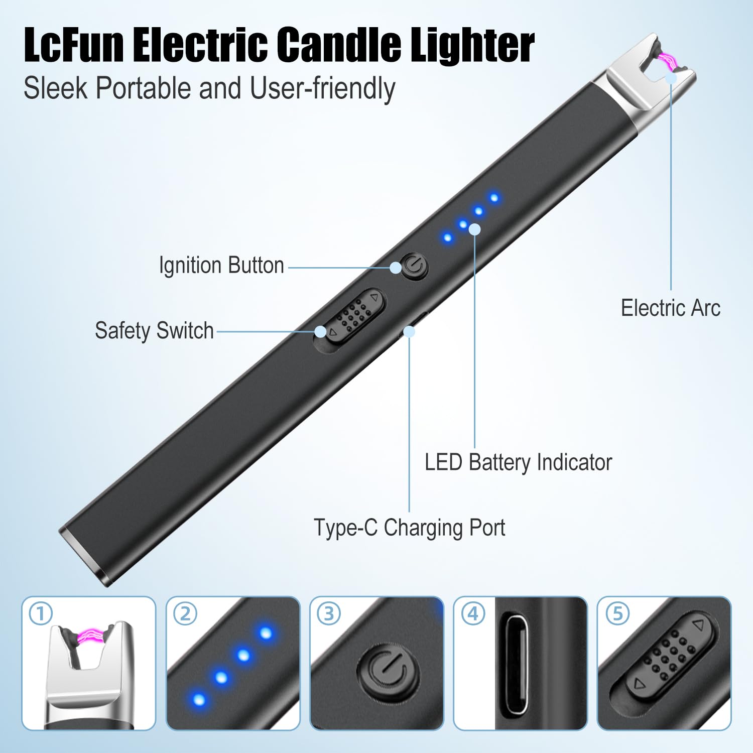 LcFun 2 Pack Candle Lighter Electric USB Rechargeable Plasma Arc Lighter with Safety Lock, Windproof Flameless Long Lighters for Candle, Grill, BBQ, Camping, Gas Stoves (Black, Gold)