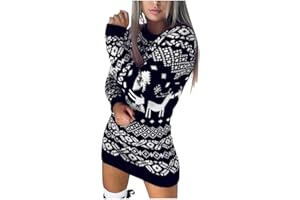 Christmas Knitted Sweater Dresses for Women Reindeer Snowflake Printed Festive Midi Dress, Holiday Party Casual Wear