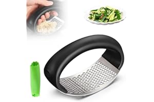 hoehew Stainless Steel Garlic Presser, 2024 NEW Garlic Press Rocker, Mincer Garlic Crusher with Peeler, Wide Handle Innovative Garlic Chopper Mincer Crusher Grinder Masher (1pc black)