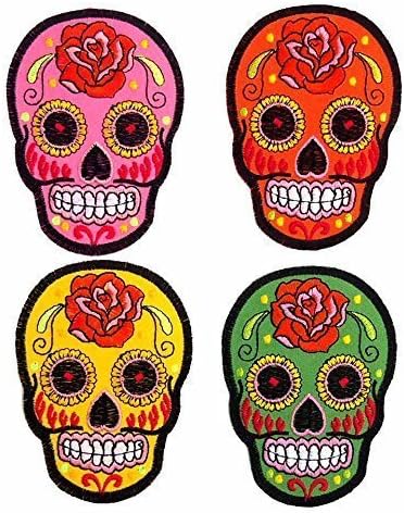 Lot of 4 Mexican Sugar Skull Art Punk Rock Embroidered Iron on Patches