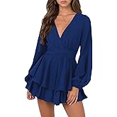 Nova In Sky Womens Sexy V Neck Long Sleeve Tie Waist Ruffle Hem Flowy Swing Mini Short Wrap Dress