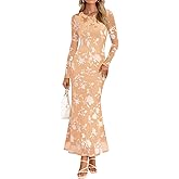 MEROKEETY Women's 2026 Spring Wedding Guest Maxi Dress Long Sleeve Bodycon Floral Mesh Fall Cocktail Formal Party Dresses