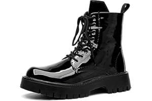 QEOSNBX Men'S Black Patent Leather Platform Combat Boots Fashion Side Zipper Wide Toe Lace Up Chunky Lug Sole High Top Motorcycle Boots Comfort Waterproof Non-Slip Casual Ankle Booties