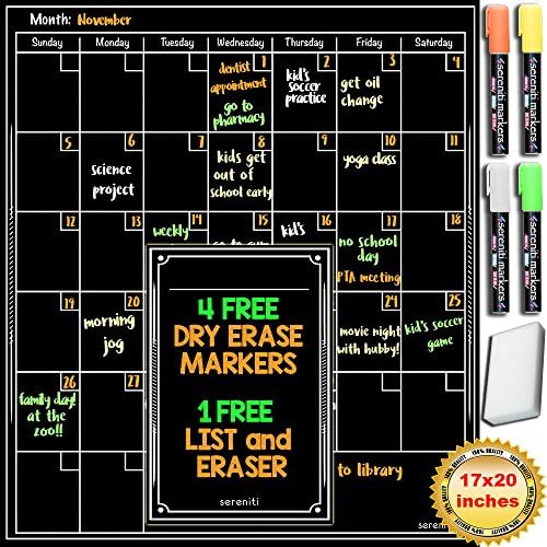 Sereniti Homes 17x20 inch Jumbo Magnetic Dry Erase Refrigerator and Wall Calendar Planner Set for 2018 - Comes with 4 FREE Magnetic Liquid Chalk Markers and FREE To-Do List (Monthly, White Print)