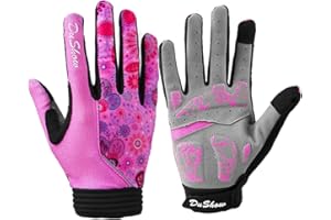 DuShow Bike Gloves for Women Cycling,Pink Floral Workout Gloves Women,Full Finger Biking Driving Riding Gloves for Women,Gel Padded Touch Screen Gym Gloves