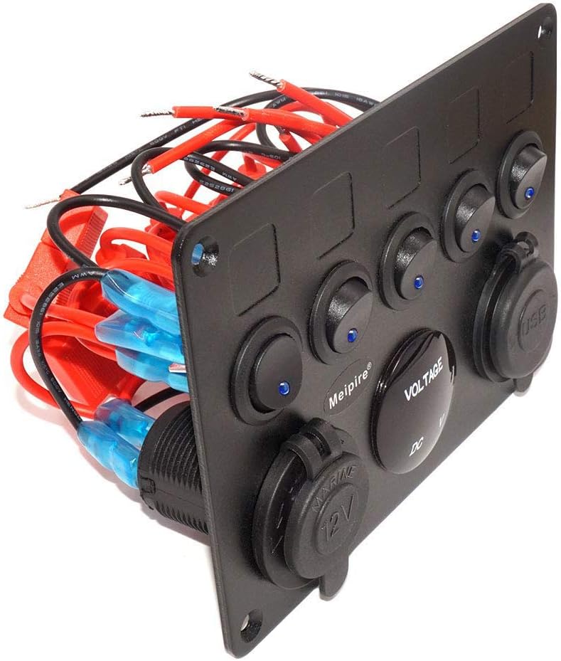 Meipire 5 Gang Switch Panel ON-Off Toggle Switch Panel Dual USB Socket Charger LED Voltmeter 12V Power Outletfor 12V~24V Vehicles Car Boat SUV Truck Yacht RV Camper Construction Vehicle (Blue): Industrial & Scientific