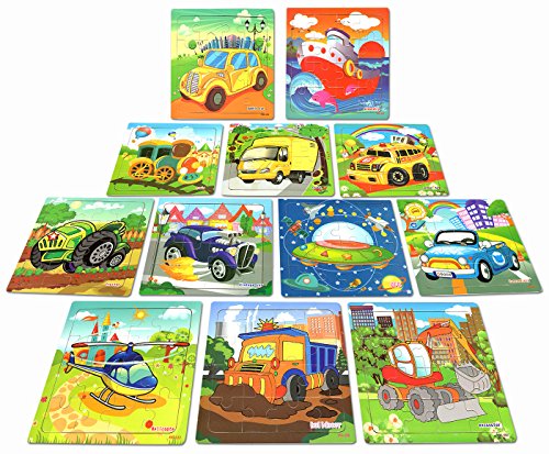 Kids Jigsaw Puzzles Party Favors Toys for Boys & Girls, Vileafy Wooden Puzzles, 12-Pack with Individual Storage Tray & Organza Bag, 5 3/4” x 5 3/4” Per Pack