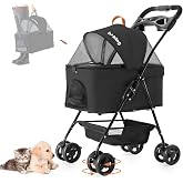 LPOTIUS Pet Stroller with Detachable Carrier for Small Dogs &amp; Cats, Black | Lightweight 11.7 lb Design, One-Hand Fold, No-Zip Latch, 33 lb Max, 2 Tethers, Padded Mat, Cup Tray, Storage Basket and Mesh