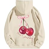 Tuislay Womens Cute Cherry Graphic Hoodie Ribbon Bow Printed Sweatshirt Drop Shoulder Aesthetic Pullover Hoodies With Pocket