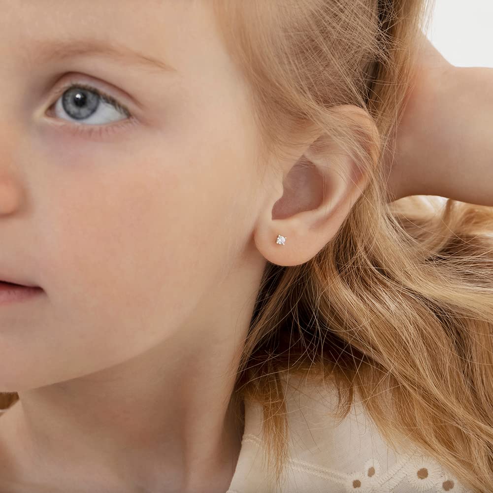 In Season Jewelry 925 Sterling Silver Kids 2mm-5mm Clear Cubic Zirconia Round Stud Solitaire Screw Back Earrings for Babies & Toddlers - Baby Girl Earrings with Safety Screw Backs for Infant and Toddler Children