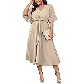 SCOMCHIC Women Plus Size Midi Dresses Wedding Guest Short Sleeve V Neck Tie Waist Casual Summer Flowy A Line Dress