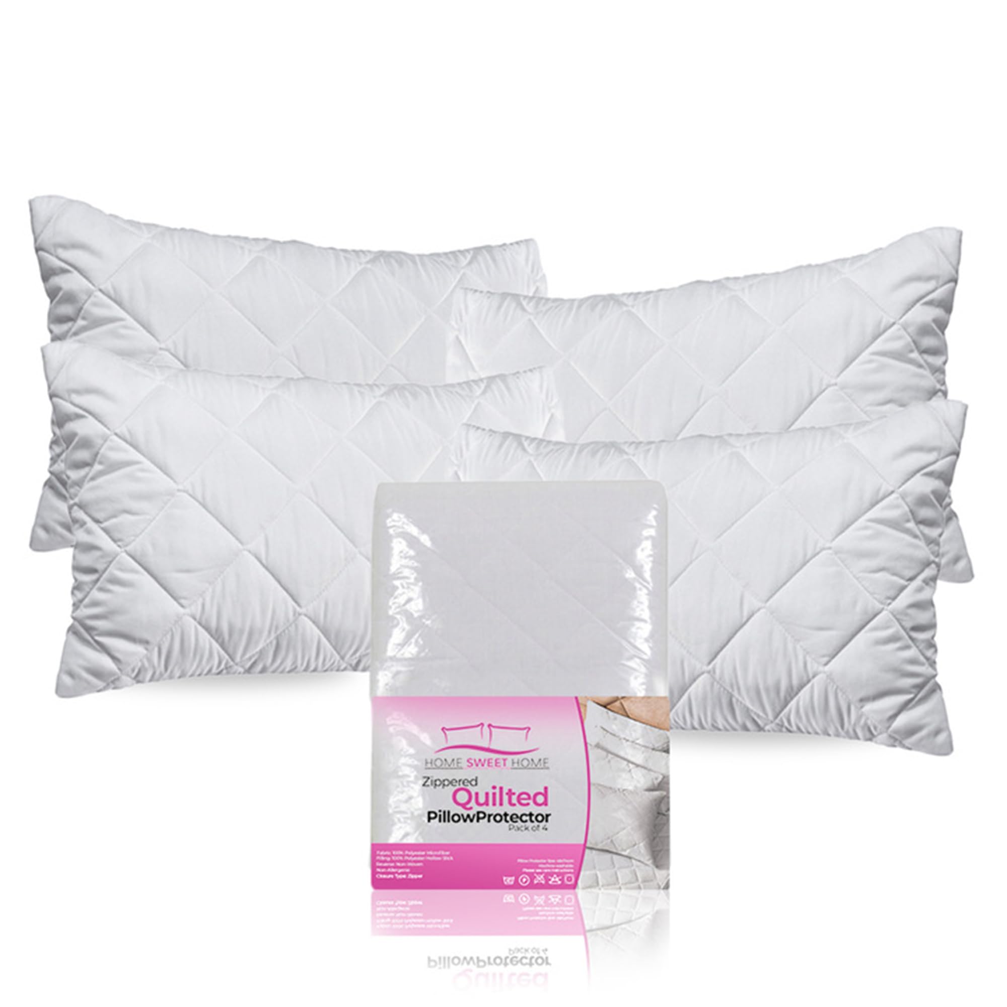 Quilted Pillow Protectors 4 Pack - 100% Microfiber Anti Allergy Pillow Protectors Soft Zip up Pillowcase Protector Quilted Zipped Pillow 48cm x 74cm White Pillowcase Covers