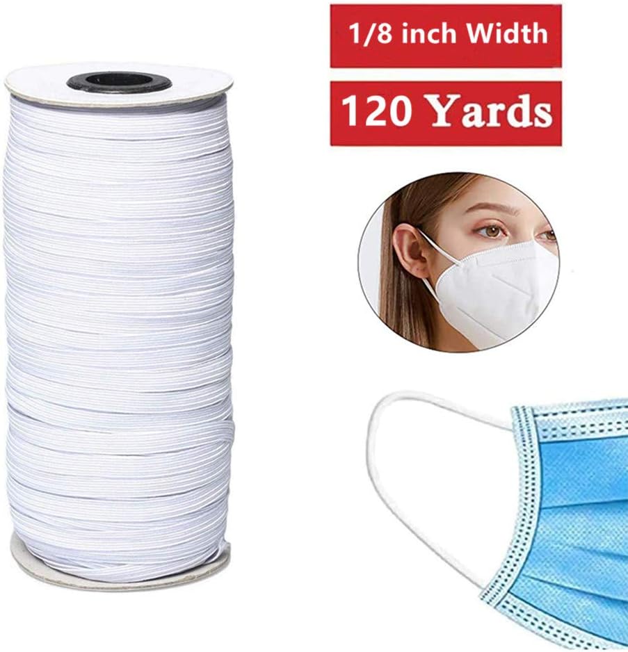 120 Yard Elastic Band Braid Rope Spool Elastic String for Sewing Craft DIY Mask (1/8inch, White)