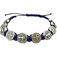 CB Saint St Benedict Medal on Adjustable Blue Cord Bracelet, 8 Inch