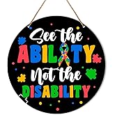 Muktoujaumai Autism Awareness Sign Decor, Autism Hanging Sign Decor Wall Decorations Wood Sign for Door, Home, Classroom, Gift for Autism Family Mom, See The Ability Not The Disability