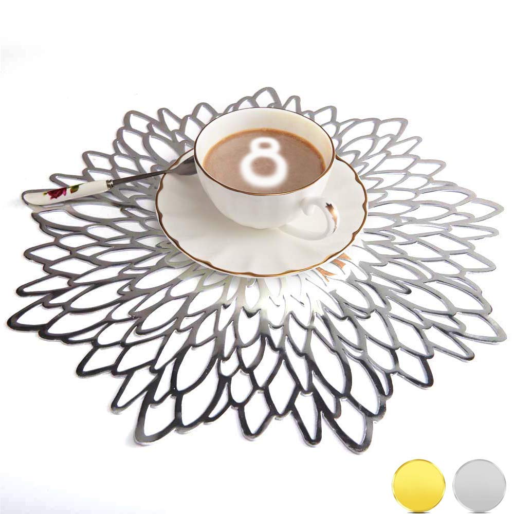 Mangata Silver Placemats Set of 8, Round Table Placemats for Christmas, Wedding, Dinner Parties, Restaurant, Hotel, 38cm, 15.5 inches