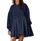 ANRABESS Women Sweatshirts Dress Oversized Long Sleeve Patchwork Casual Loose Pleated Pullover Mini Dress Fall Outfits 2025