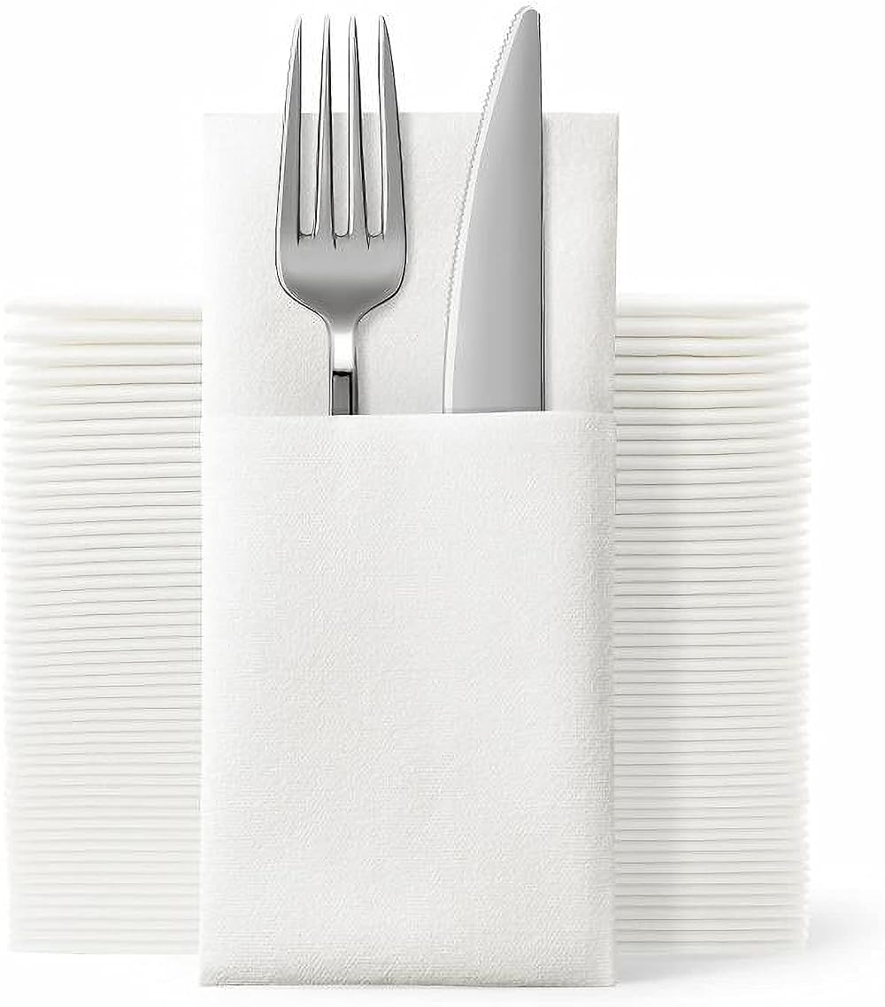 Jebblas Disposable White Napkins with Built-in Flatware Pocket, 150 Count