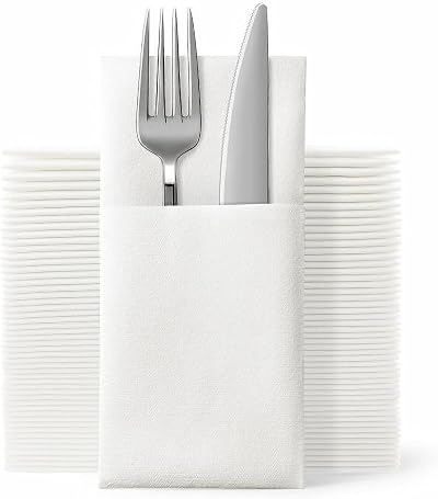 Jebblas Disposable White Napkins with Built-in Flatware Pocket, 150 Count