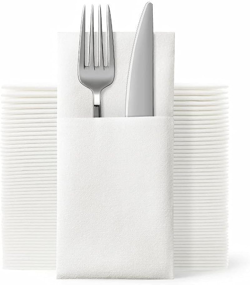 Jebblas Disposable White Napkins with Built-in Flatware Pocket, 150 Count