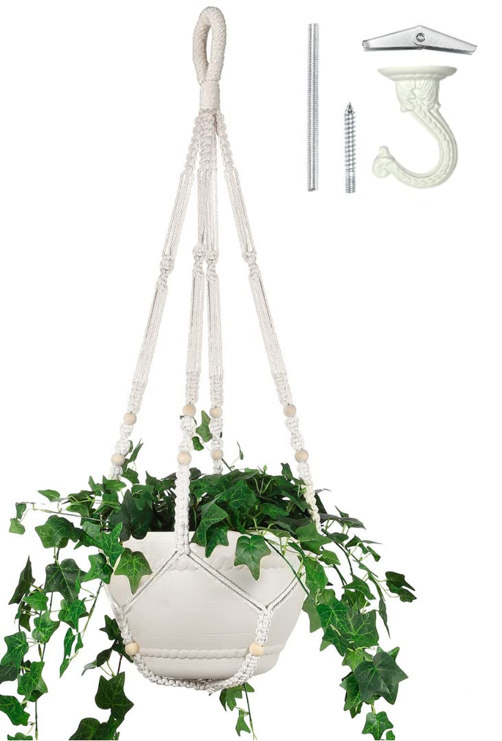 Photo 1 of Shineloha 43 Inches Macrame Planter Hanger Large for 12 inch Pot + Swag Hook (Extra Long & Big) | Large Hanging Planter for Indoor Plants | No Tassel, Cotton Rope, NO Pot/Plant Included (Beige)(XL)