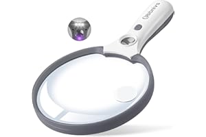 EBBNIVS Large Magnifying Glass with Light, Magnifier Handheld Illuminated Lighted Magnifier with 3 LED Lights 1UV Light Storage Bag Clean Cloth for Seniors Reading Inspection (Grey)